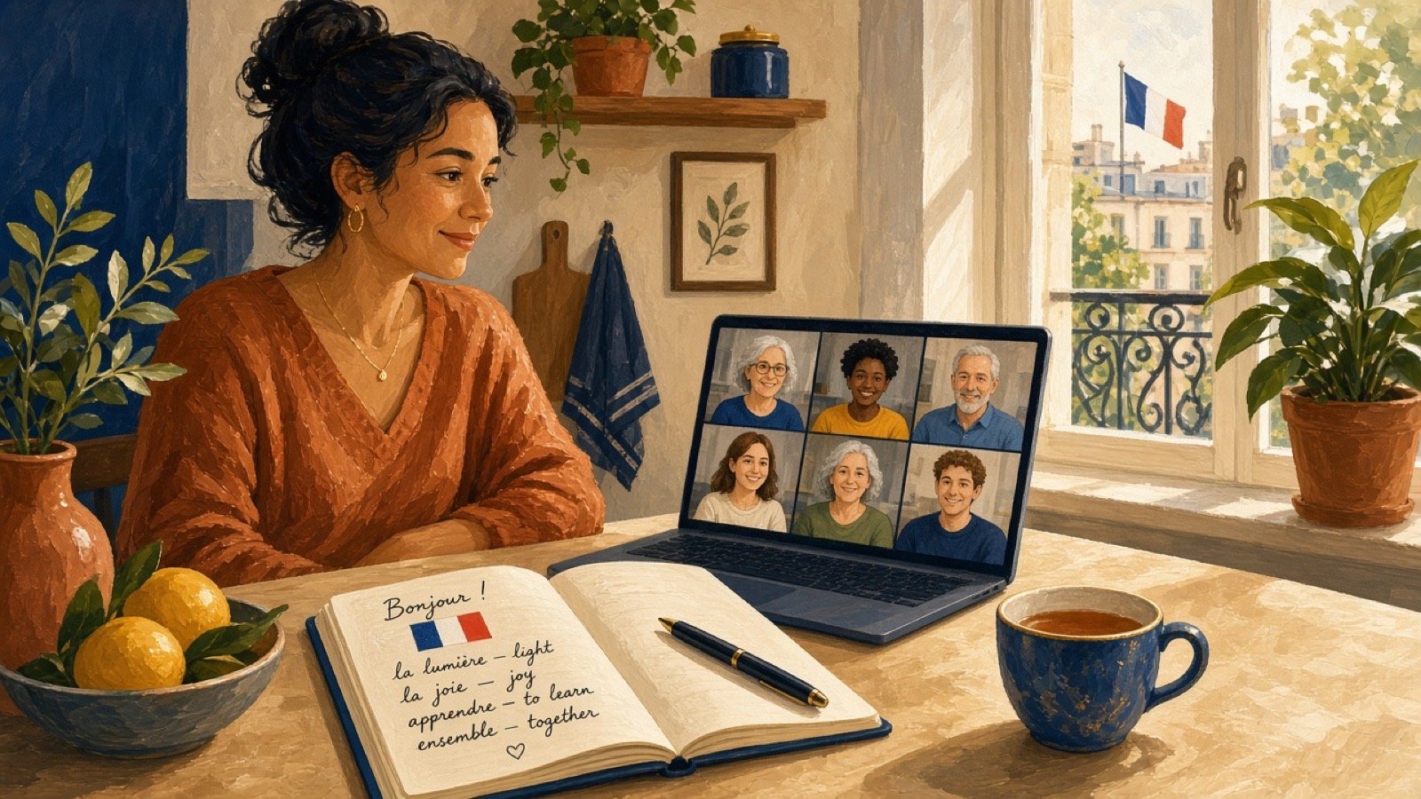 Illustration d'une personne suivant un cours de français en visioconférence depuis son domicile