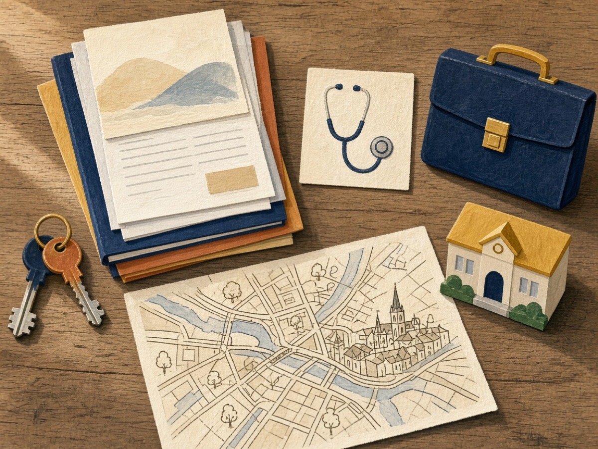 Illustration de documents administratifs, d'un trousseau de clés et d'objets symbolisant le logement, la santé et l'emploi